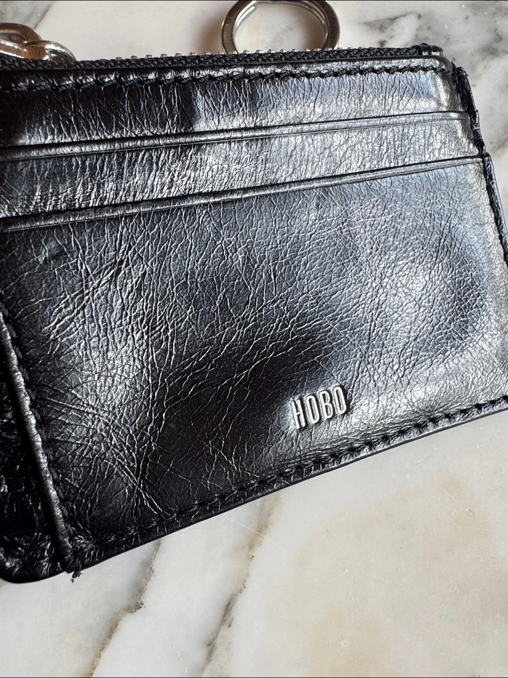 HOBO International Kai Black Leather Zip Card Case Keychain Coin ID Card Wallet